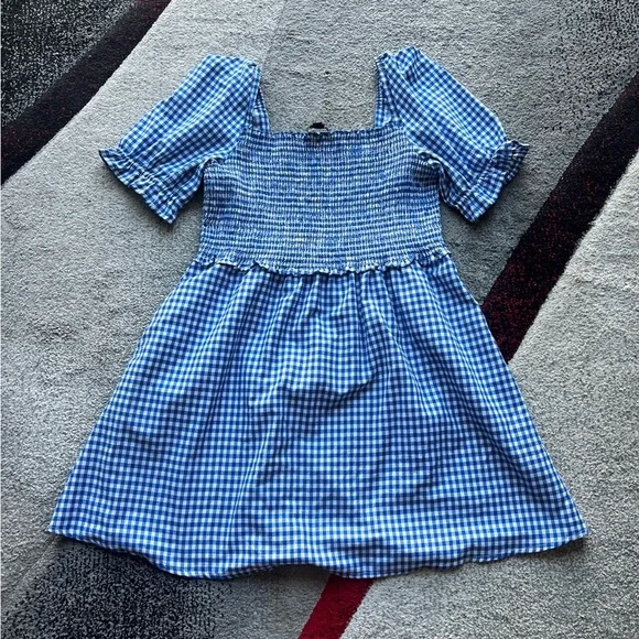 French Connection Blue Gingham Artina Puff Sleeve Smocked Mini Dress - Picture 3 of 5